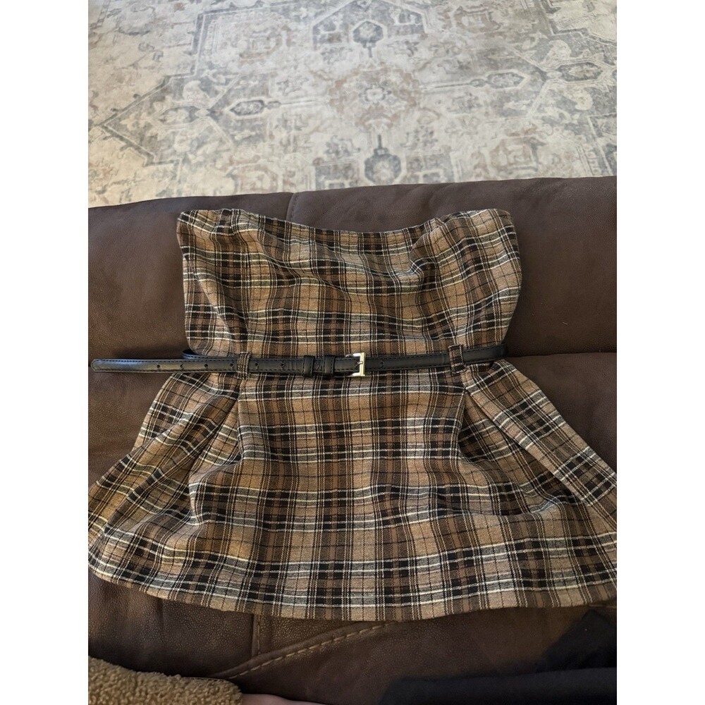 Anthropologie Maeve Brown Plaid Belted Strapless Tube Top Size Medium